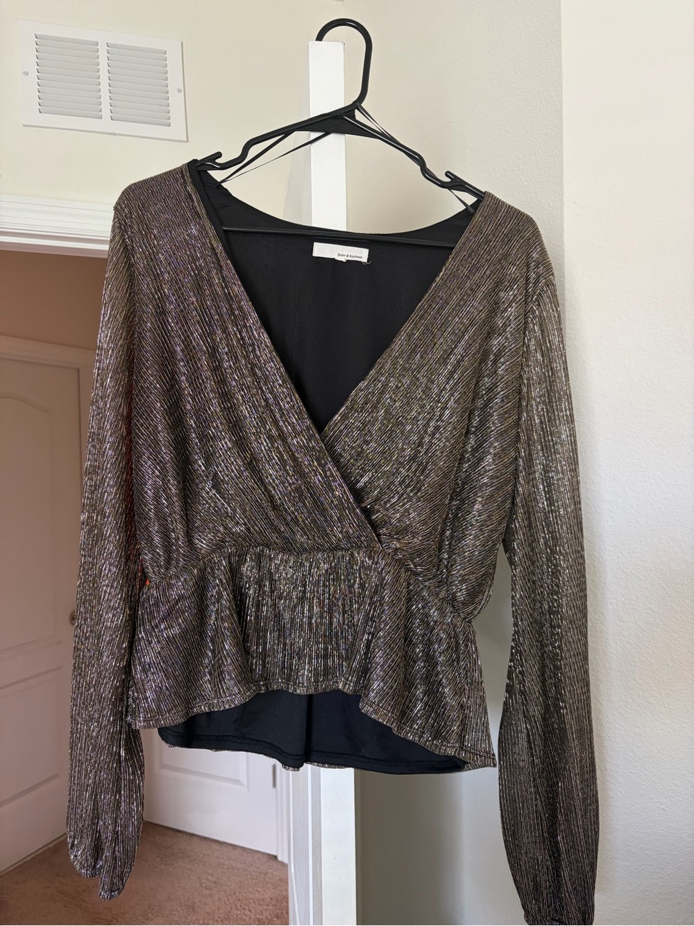 Metallic Bronze Wrap Peplum Long-Sleeve Top